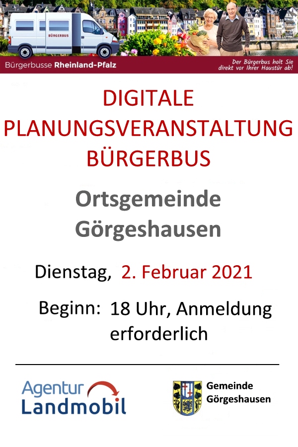Die digitale Planungsveranstaltung Bürgerbus Görgeshausen startet am Dienstag, den 2. Februar 2021 um 18 Uhr. Eine Anmeldung ist erforderlich.
