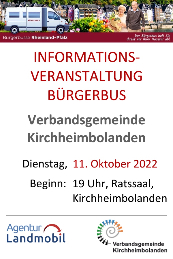 Die Informationsveranstaltung Projekt Bürgerbus Verbandsgemeinde Kirchheimbolanden findet statt am Dienstag, 11. Oktober 2022 ab 19 Uhr im Ratssaal der Verbandsgemeinde, Neue Allee 2, 67292 Kirchheimbolanden. Grafik (c) Agentur Landmobil