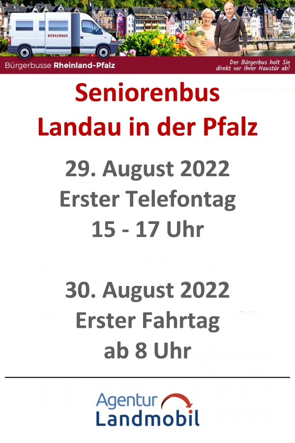 Der Seniorenbus in Landau in der Pfalz startet am Dienstag, den 30. August 2022 zu den ersten Fahrten. Am Montag, den 29. August 2022 ist ab 15 Uhr erstmals die telefonische Vorbestellung möglich. Grafik (c) Agentur Landmobil