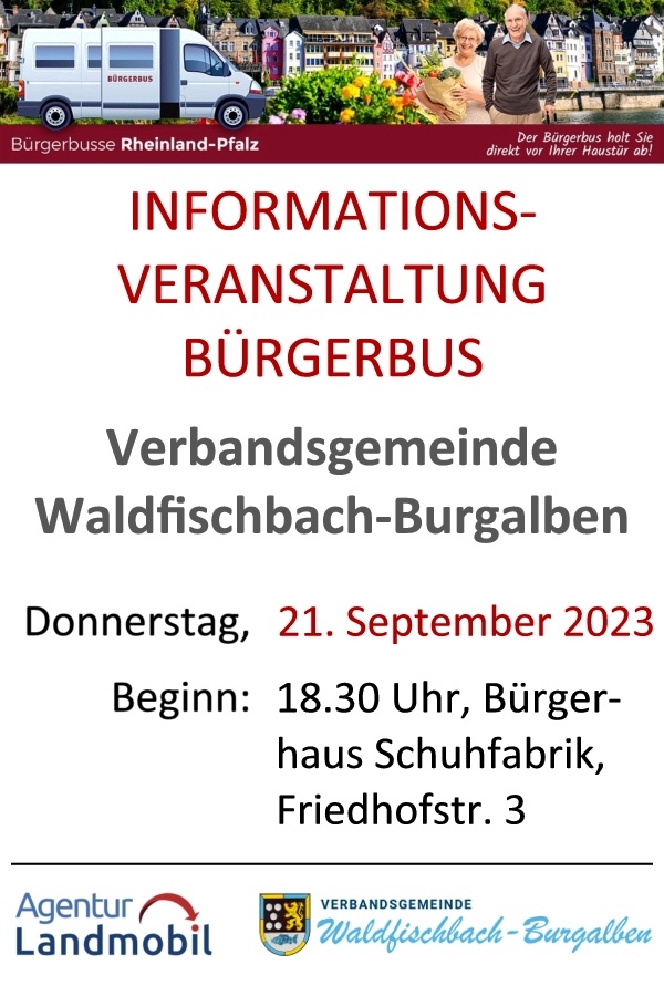 Am Donnerstag, den 21. September 2023 um 18.30 Uhr startet das Projekt Machbarkeitsstudie Bürgerbus Verbandsgemeinde Waldfischbach-Burgalben. Start ist im Bürgerhaus Schuhfabrik, Friedhofstraße 3, Waldfischbach-Burgalben. Grafik (c) Agentur Landmobil